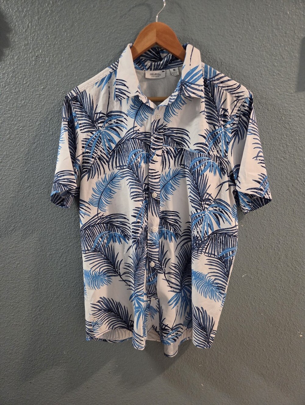 Projek RAW- MENS White Short-Sleeve Shirt with Blue Palm Print